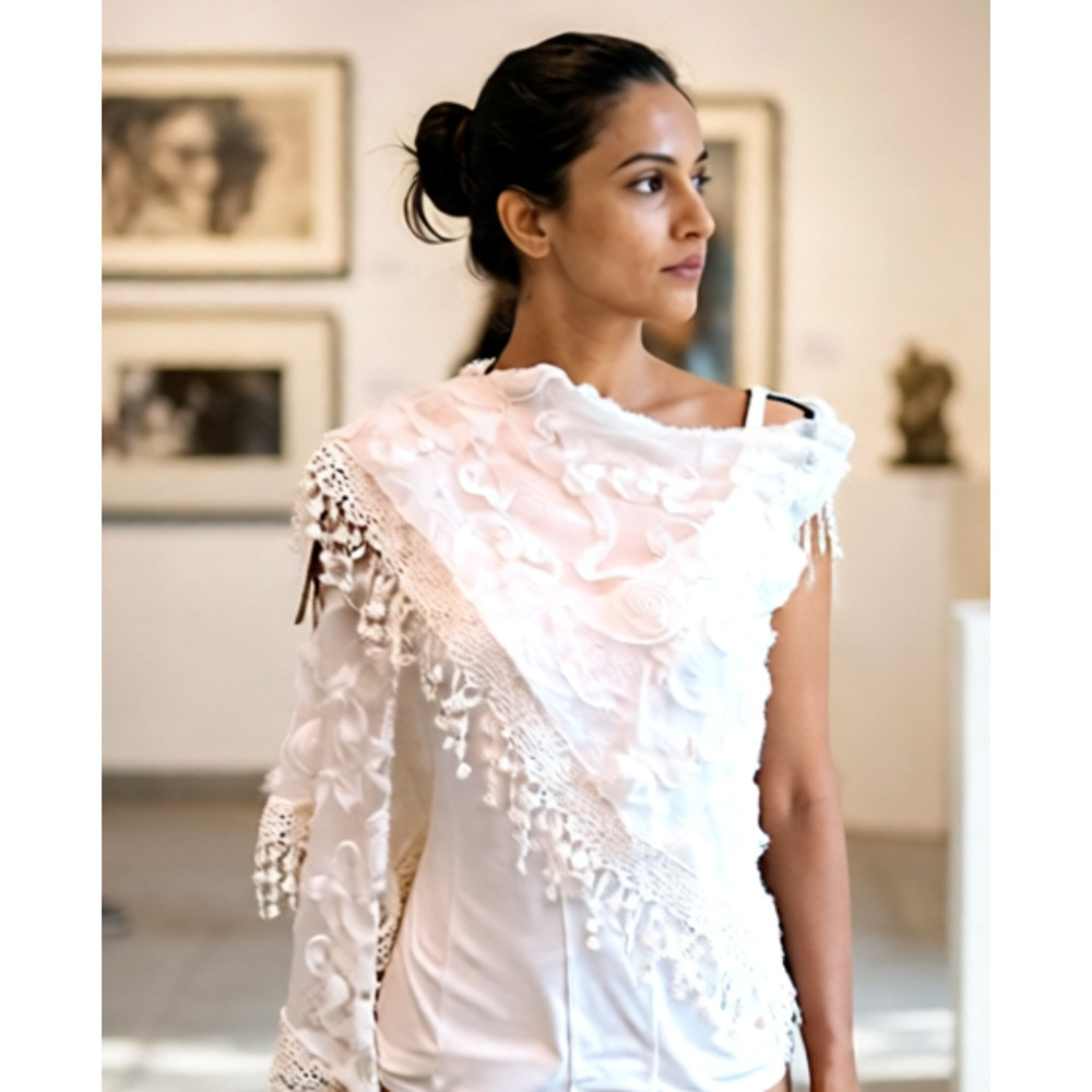 Olivia Fallon Sheer White Shawl Wrap Guaze Flowers and Embroidery Fringe NWT